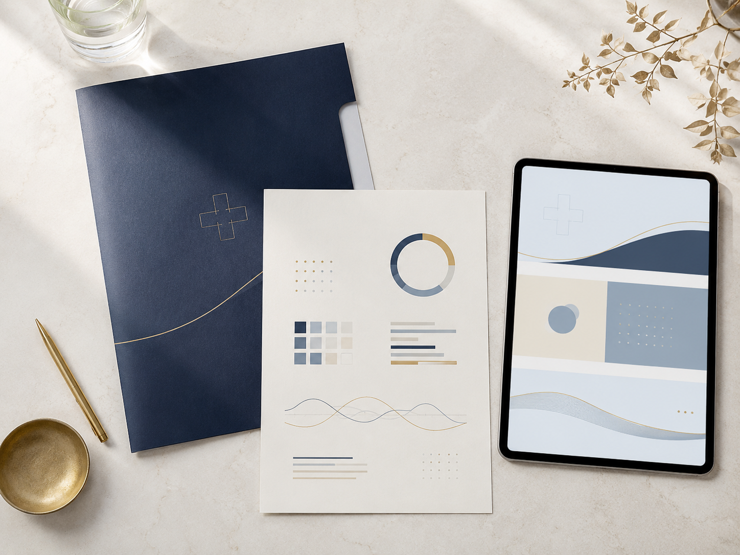 A professional arrangement of communication materials, charts, and presentation slides